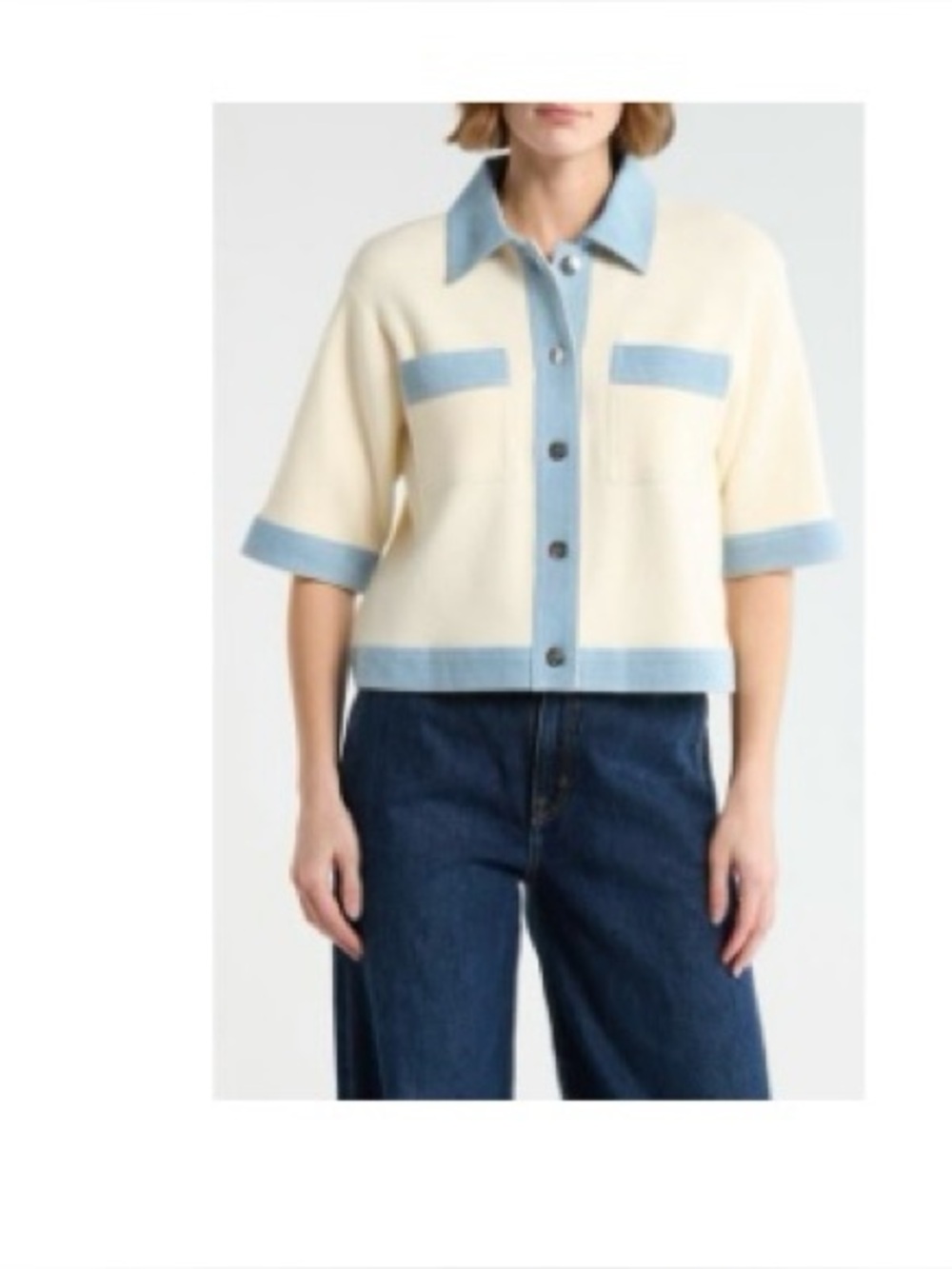 Nanette Lepore Pale Yellow quarter-length sleeve jacket /Light denim like trim